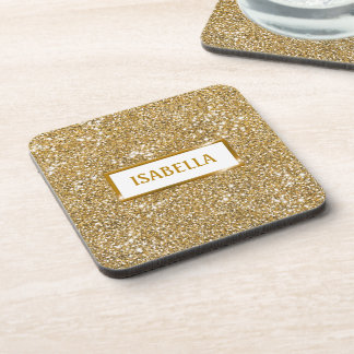 Faux Golden Yellow Glitter Texture Look &amp; Name Beverage Coaster