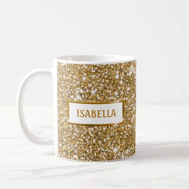 Faux Golden Yellow Glitter Texture Look & Name Coffee Mug (Left)