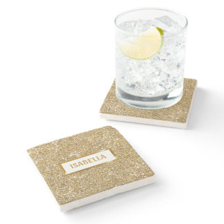 Faux Golden Yellow Glitter Texture Look &amp; Name Stone Coaster