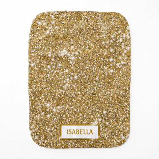 Faux Golden Yellow Glitter Texture Look With Name Baby Burp Cloth