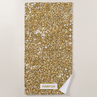 Faux Golden Yellow Glitter Texture Look With Name Beach Towel