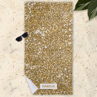 Faux Golden Yellow Glitter Texture Look With Name Beach Towel