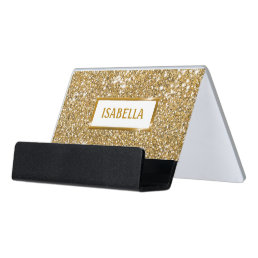 Faux Golden Yellow Glitter Texture Look With Name Desk Business Card Holder