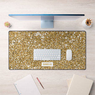 Faux Golden Yellow Glitter Texture Look With Name Desk Mat