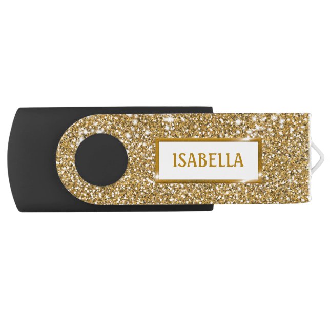 Faux Golden Yellow Glitter Texture Look With Name Flash Drive (Front)