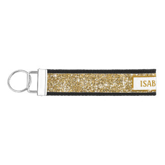 Faux Golden Yellow Glitter Texture Look With Name Wrist Keychain