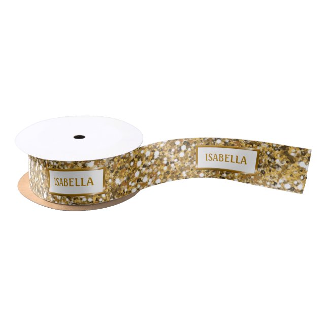 Faux Golden Yellow Glitter Texture Look With Text Satin Ribbon (Spool)
