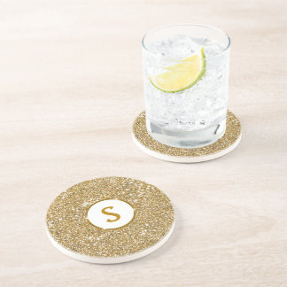 Faux Golden Yellow Glitter Texture With Monogram Coaster