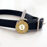 Faux Golden Yellow Glitter Texture With Monogram Pet ID Tag<br><div class="desc">Destei's digitally created golden yellow glitter texture pattern design together with a round white circle with a personalizable monogram letter. On the other side there are personalizable text areas for a name and for a phone number. PLEASE NOTICE: THERE IS NO REAL GLITTER ON THIS ITEM. THE DESIGN IS A...</div>