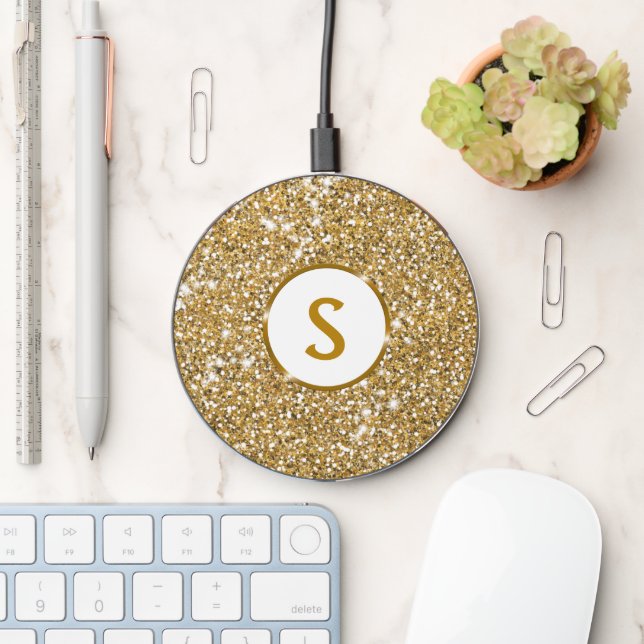 Faux Golden Yellow Glitter Texture With Monogram Wireless Charger (Desk)