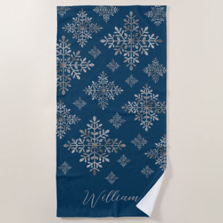 Faux Gray Foil Snowflakes On Blue (Not Real Foil) Beach Towel