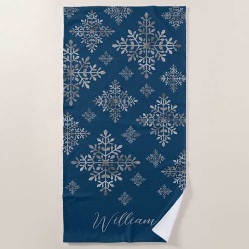 Faux Gray Foil Snowflakes On Blue Not Real Foil Beach Towel