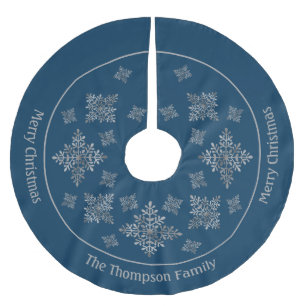 Faux Gray Foil Snowflakes On Blue (Not Real Foil) Brushed Polyester Tree Skirt