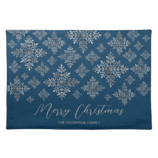 Faux Gray Foil Snowflakes On Blue (Not Real Foil) Cloth Placemat