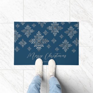 Faux Gray Foil Snowflakes On Blue (Not Real Foil) Doormat