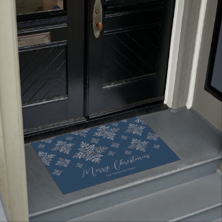 Faux Gray Foil Snowflakes On Blue (Not Real Foil) Doormat