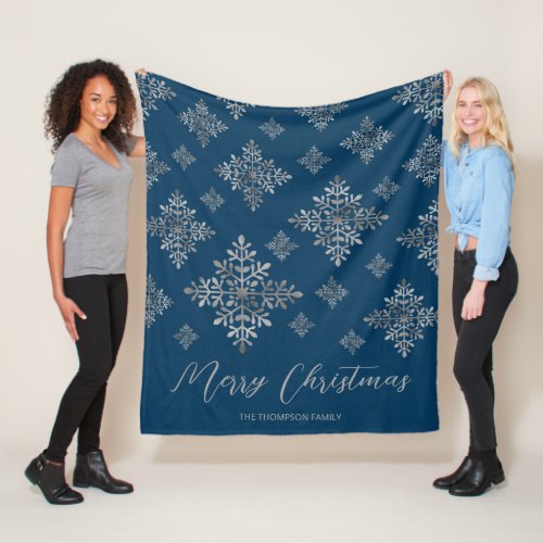 Faux Gray Foil Snowflakes On Blue Not Real Foil Fleece Blanket