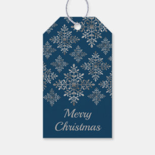 Faux Gray Foil Snowflakes On Blue (Not Real Foil) Gift Tags