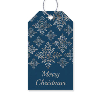 Faux Gray Foil Snowflakes On Blue (Not Real Foil) Gift Tags