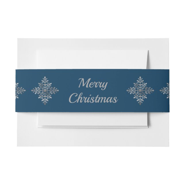 Faux Gray Foil Snowflakes On Blue (Not Real Foil) Invitation Belly Band (Front Example)
