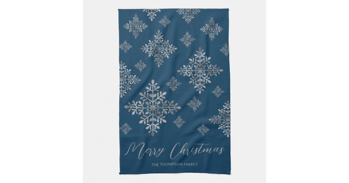 White Snowflake on Dark Green Kitchen Towel, Zazzle