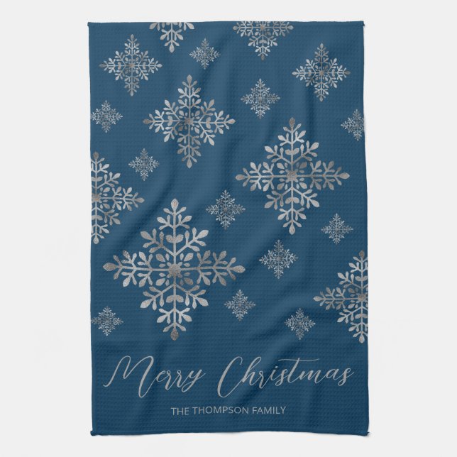 Faux Gray Foil Snowflakes On Blue (Not Real Foil) Kitchen Towel (Vertical)