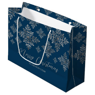 Faux Gray Foil Snowflakes On Blue (Not Real Foil) Large Gift Bag