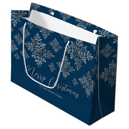 Faux Gray Foil Snowflakes On Blue Not Real Foil Large Gift Bag