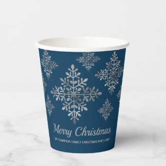 Faux Gray Foil Snowflakes On Blue (Not Real Foil) Paper Cups