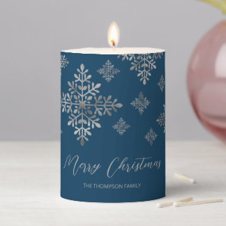 Faux Gray Foil Snowflakes On Blue (Not Real Foil) Pillar Candle