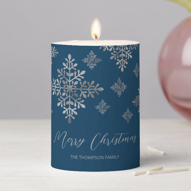 Faux Gray Foil Snowflakes On Blue (Not Real Foil) Pillar Candle (In Situ)