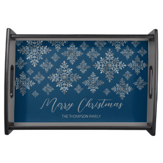 Faux Gray Foil Snowflakes On Blue (Not Real Foil) Serving Tray