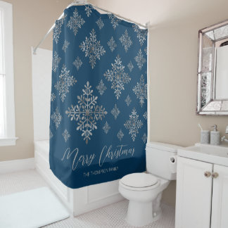 Faux Gray Foil Snowflakes On Blue (Not Real Foil) Shower Curtain