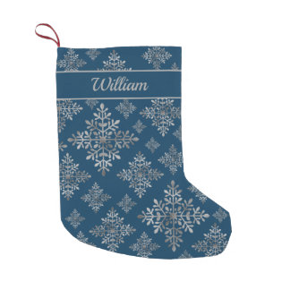 Faux Gray Foil Snowflakes On Blue (Not Real Foil) Small Christmas Stocking