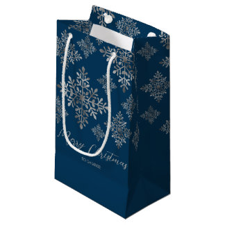 Faux Gray Foil Snowflakes On Blue (Not Real Foil) Small Gift Bag