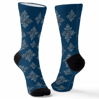 Faux Gray Foil Snowflakes On Blue (Not Real Foil) Socks