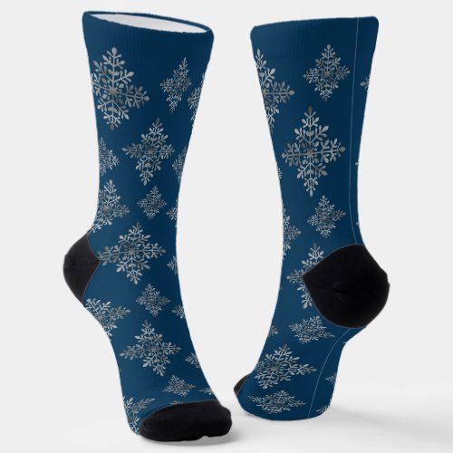 Faux Gray Foil Snowflakes On Blue Not Real Foil Socks