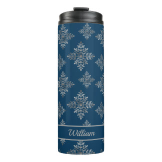 Faux Gray Foil Snowflakes On Blue (Not Real Foil) Thermal Tumbler