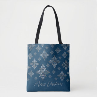 Faux Gray Foil Snowflakes On Blue (Not Real Foil) Tote Bag