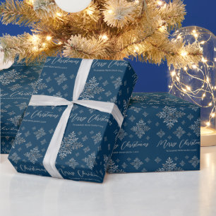 Faux Gray Foil Snowflakes On Blue (Not Real Foil) Wrapping Paper