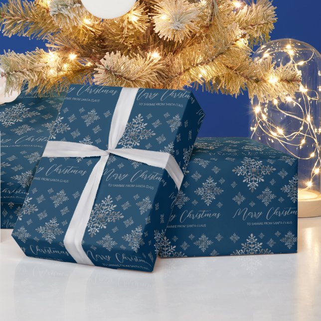 Faux Gray Foil Snowflakes On Blue (Not Real Foil) Wrapping Paper (Holidays)