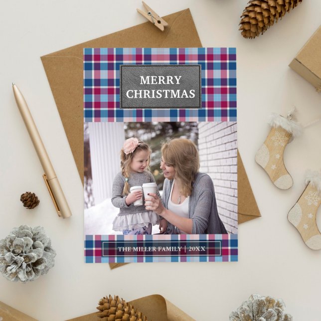 Faux Gray Leather Pink and Blue Plaid Christmas Holiday Card (Creator Uploaded)