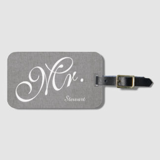 Faux Gray Linen Newlywed Mr. Husband Groom Wedding Luggage Tag