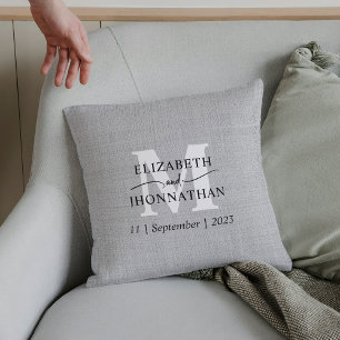 Faux Gray Linen Wedding Monogram Rustic Keepsake Throw Pillow