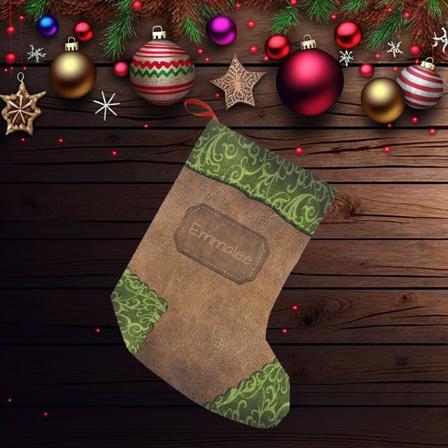 Faux Green Brown Monogram Leather Small Christmas Stocking (Creator Uploaded)