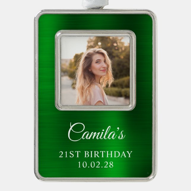 Faux Green Foil 21st Birthday Photo Christmas Ornament (Front)