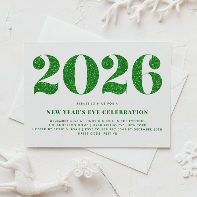 Faux Green Glitter 2026 New Year's Eve Party Invitation (Customizable 2026 New Year's Eve party invitation featuring faux green glitter.)