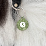Faux Green Glitter Texture And Custom Monogram Pet ID Tag<br><div class="desc">Destei's digitally created green glitter texture pattern design together with a round white circle with a personalizable monogram letter. On the other side there are personalizable text areas for a name and for a phone number. PLEASE NOTICE: THERE IS NO REAL GLITTER ON THIS ITEM. THE DESIGN IS A DIGITAL...</div>