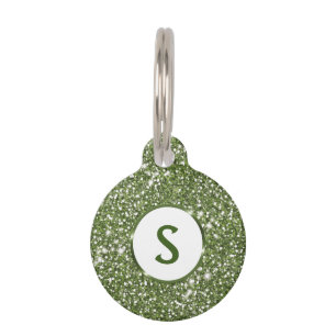 Faux Green Glitter Texture And Custom Monogram Pet ID Tag