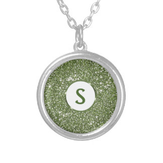 Faux Green Glitter Texture And Custom Monogram Silver Plated Necklace